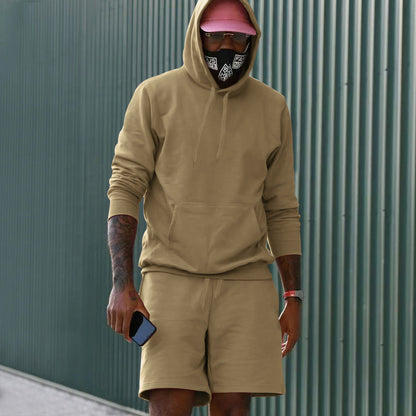 Men's 2-Piece French Terry Loungewear Set Hoodie and Sweat Shorts with Kangaroo Pocket and Drawstring