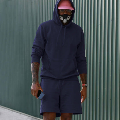 Men's 2-Piece French Terry Loungewear Set Hoodie and Sweat Shorts with Kangaroo Pocket and Drawstring