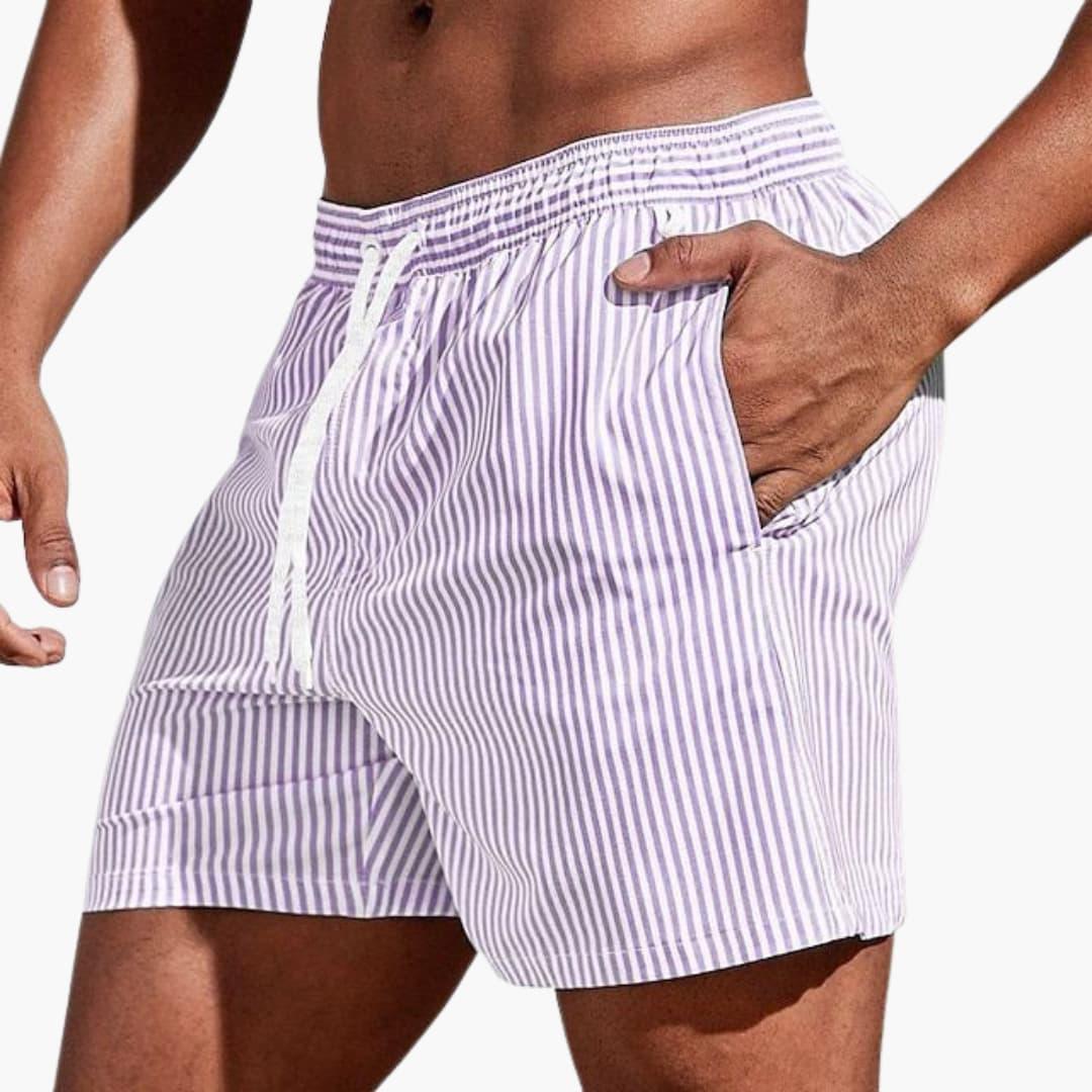 Men's Board Shorts with Stripes and Elastic Waistband