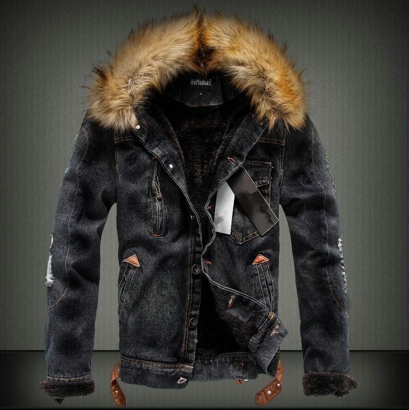 Men's Distressed Denim Trucker Jacket with Fleece Lining and Faux Fur Hood