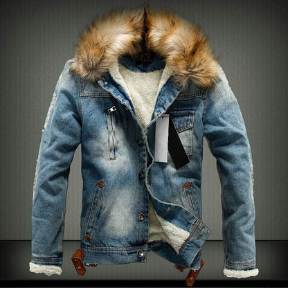 Men's Distressed Denim Trucker Jacket with Fleece Lining and Faux Fur Hood