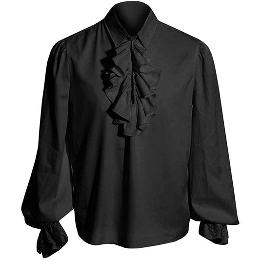 Men's Elegant Baroque Ruffle Shirt with Stand-Up Collar, Frilled Chest, and Lace Cuffs