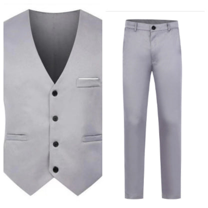 Men's Elegant Satin Waistcoat with V-Neck and Slim-Fit Suit Trousers