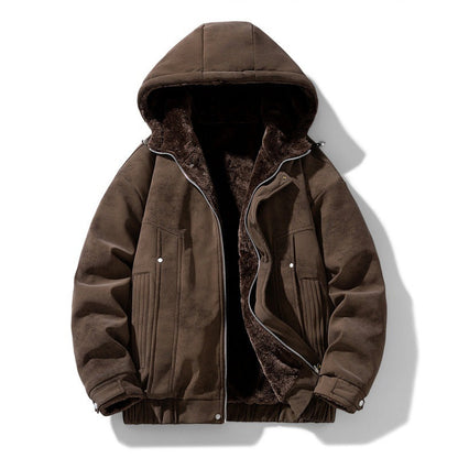 Men's Faux Suede Hooded Jacket with Teddy Fleece Lining