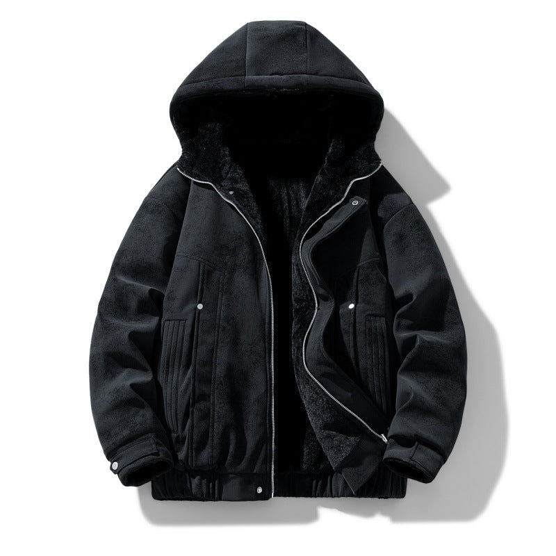 Men's Faux Suede Hooded Jacket with Teddy Fleece Lining