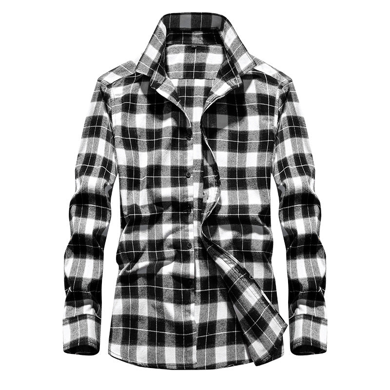 Men's Plaid Flannel Shirt with Kent Collar and Full Button Placket