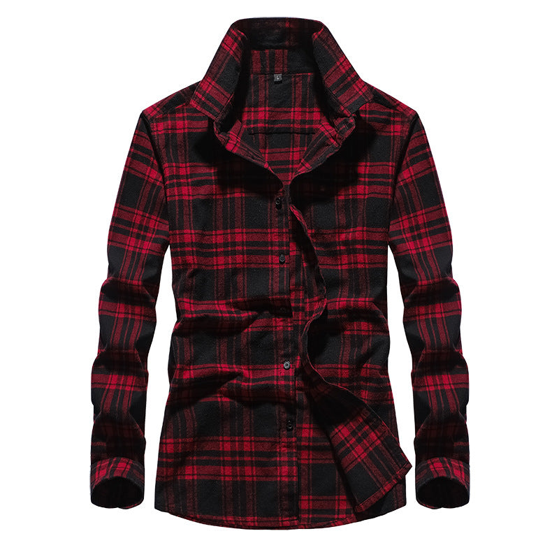 Men's Plaid Flannel Shirt with Kent Collar and Full Button Placket