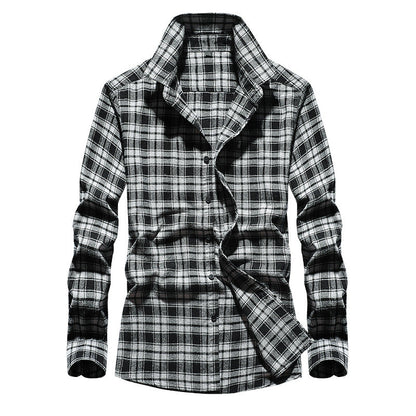 Men's Plaid Flannel Shirt with Kent Collar and Full Button Placket