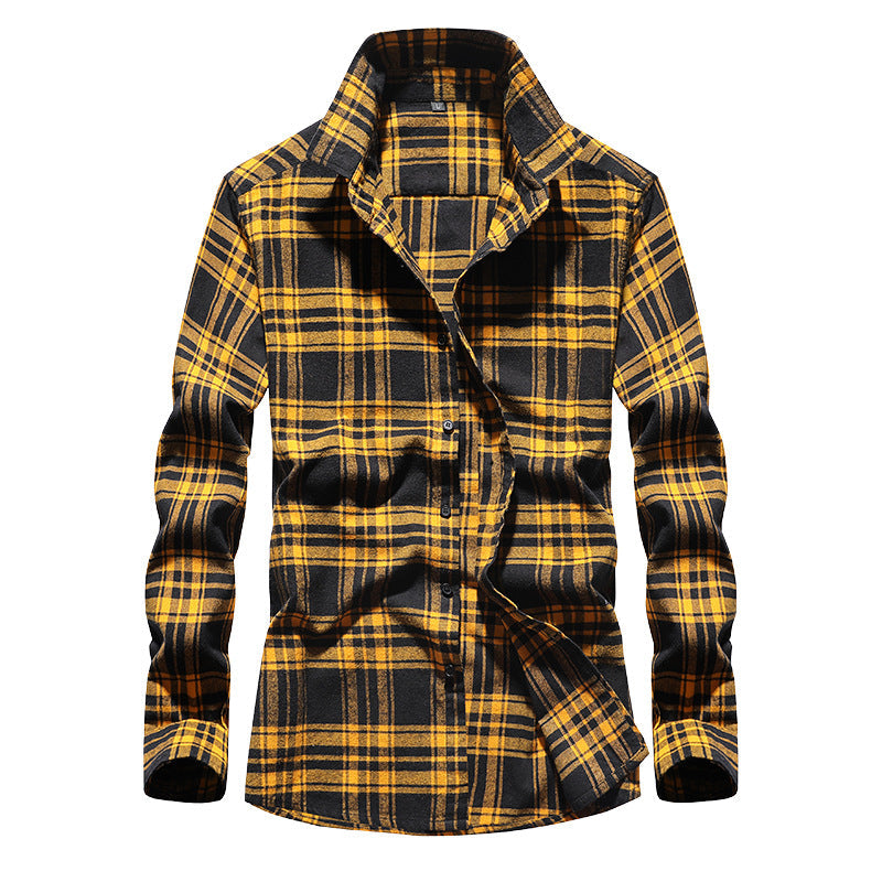Men's Plaid Flannel Shirt with Kent Collar and Full Button Placket