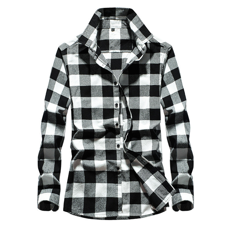 Men's Plaid Flannel Shirt with Kent Collar and Full Button Placket