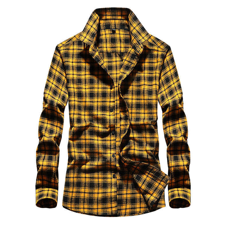 Men's Plaid Flannel Shirt with Kent Collar and Full Button Placket