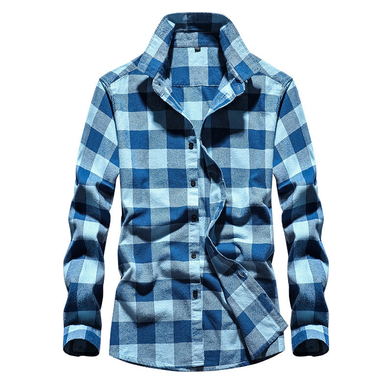 Men's Plaid Flannel Shirt with Kent Collar and Full Button Placket