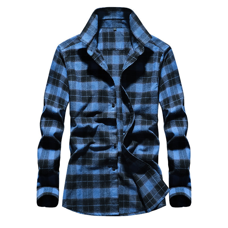 Men's Plaid Flannel Shirt with Kent Collar and Full Button Placket
