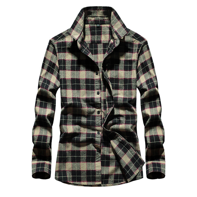 Men's Plaid Flannel Shirt with Kent Collar and Full Button Placket