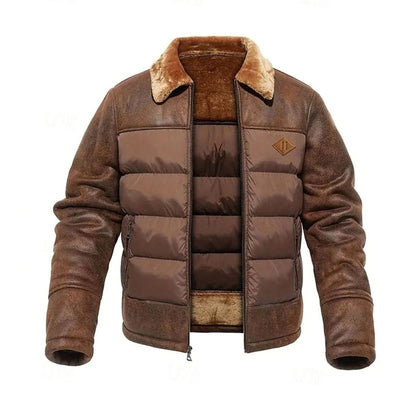 Men's Quilted Faux Leather Insulated Winter Coat with Sherpa Collar