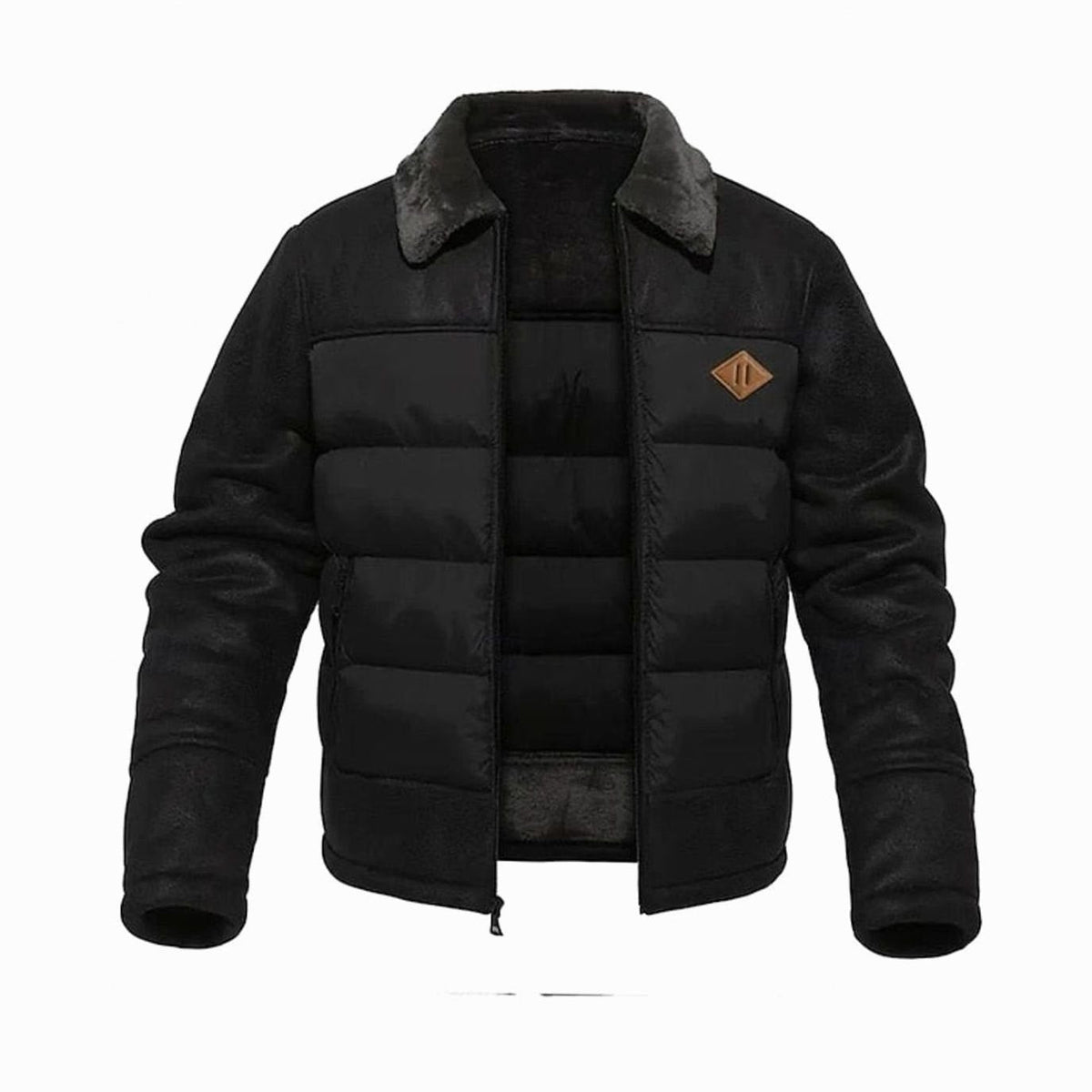 Men's Quilted Faux Leather Insulated Winter Coat with Sherpa Collar