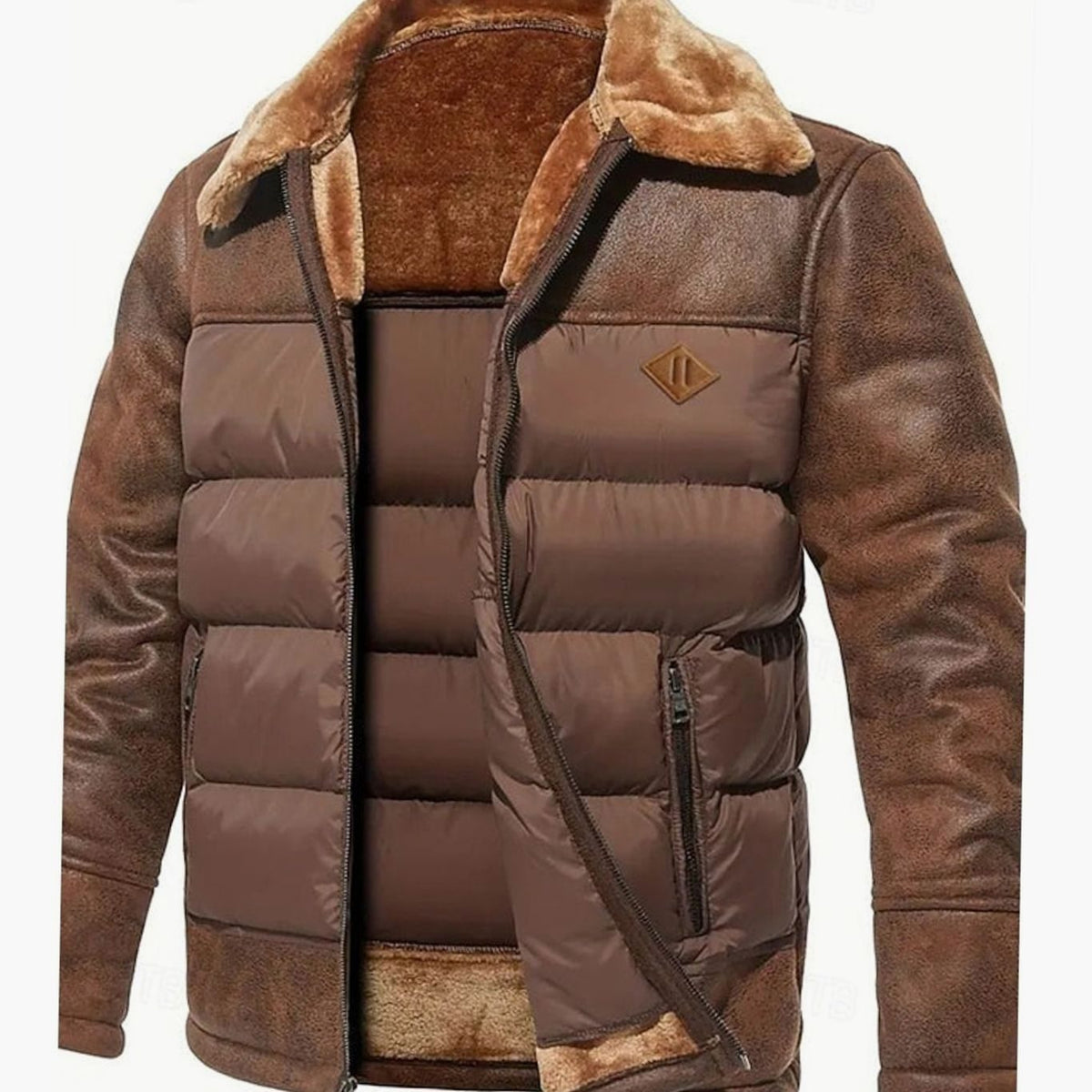 Men's Quilted Faux Leather Insulated Winter Coat with Sherpa Collar