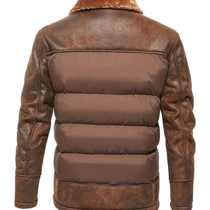 Men's Quilted Faux Leather Insulated Winter Coat with Sherpa Collar