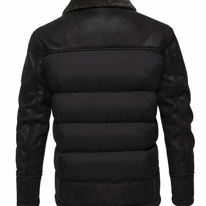 Men's Quilted Faux Leather Insulated Winter Coat with Sherpa Collar