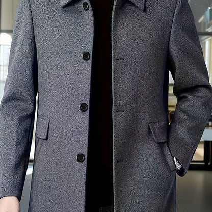 Men's Relaxed Fit Single-Breasted Wool Overcoat with Classic Collar