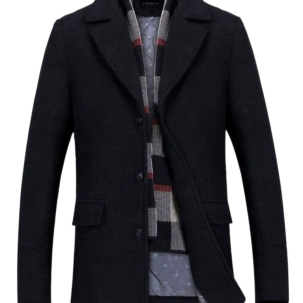 Men's Single-Breasted Tailored Wool Overcoat with Scarf Lapel