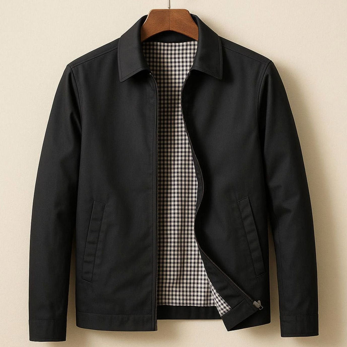 Men's Smart-Casual Gingham-Lined Full-Zip Harrington Jacket