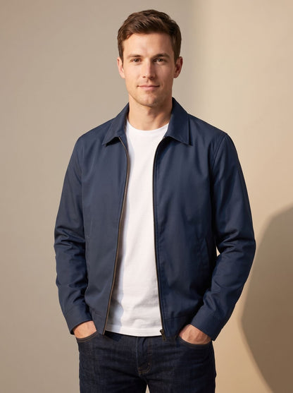 Men's Smart-Casual Gingham-Lined Full-Zip Harrington Jacket