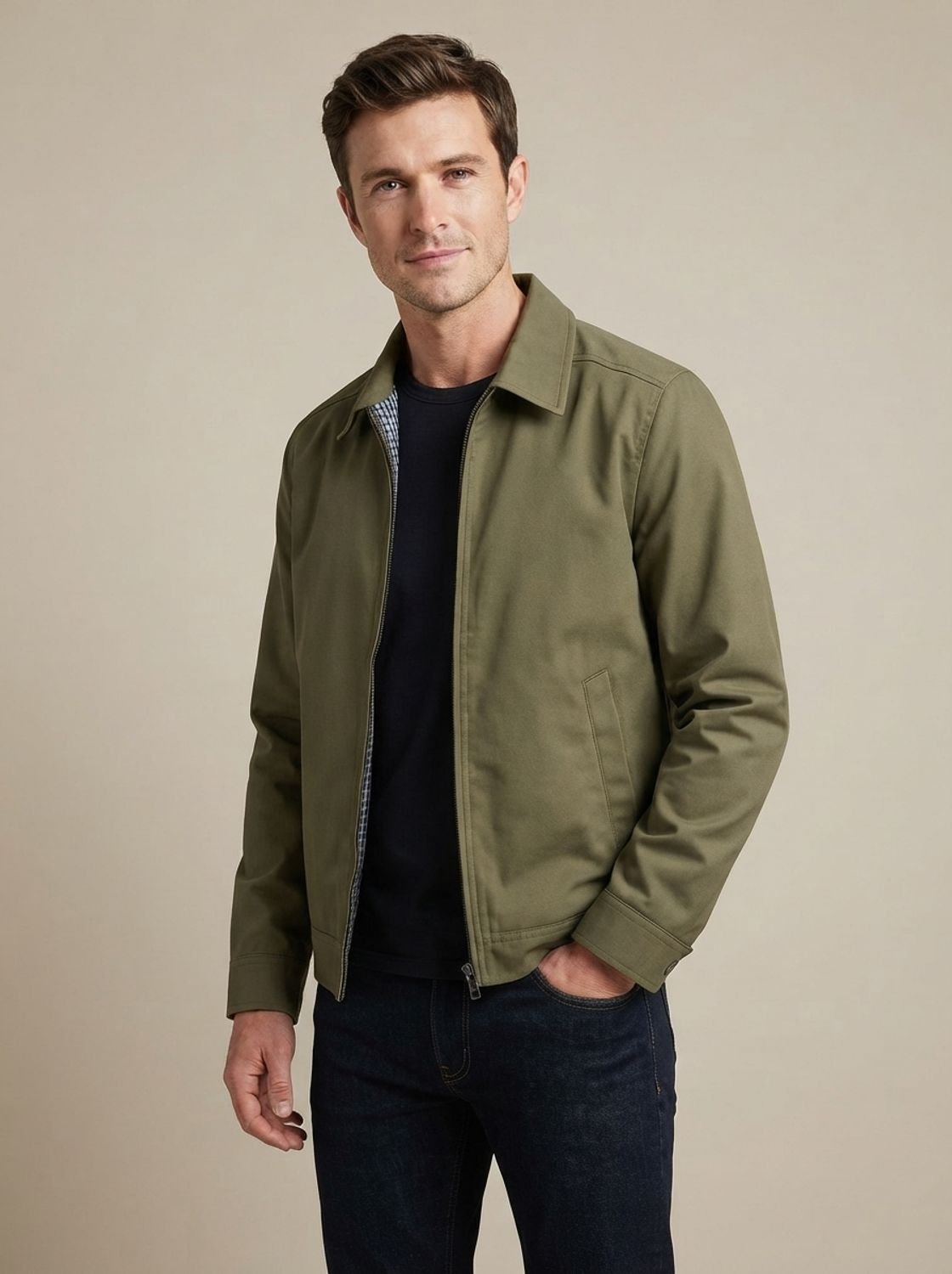 Men's Smart-Casual Gingham-Lined Full-Zip Harrington Jacket