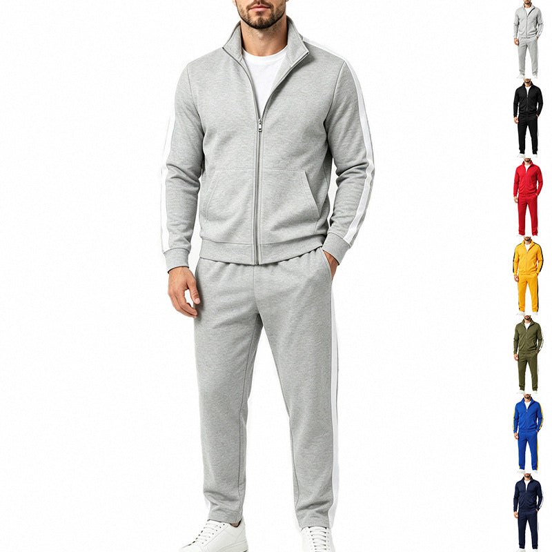 Men's Sports Tracksuit Set with Contrast Stripes, Zip-Up Jacket, and Jogging Pants