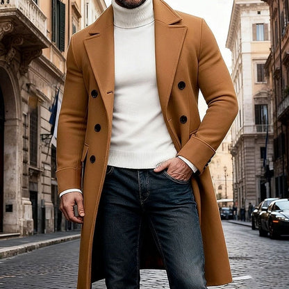 Men's Tailored-Fit Double-Breasted Long Wool Overcoat