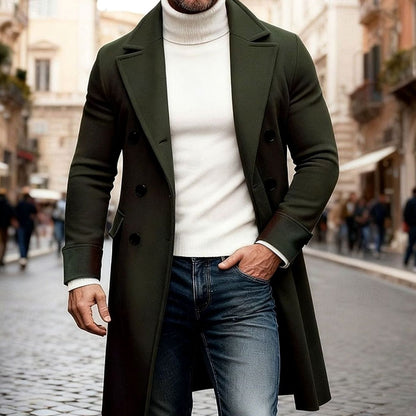 Men's Tailored-Fit Double-Breasted Long Wool Overcoat