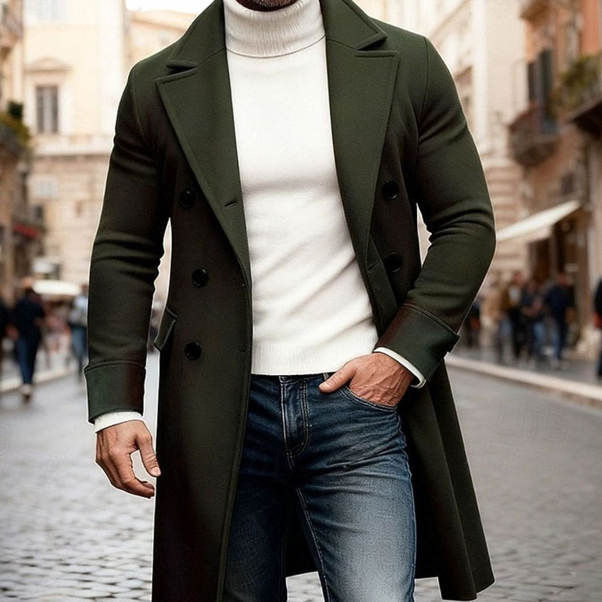 Men's Tailored-Fit Double-Breasted Long Wool Overcoat