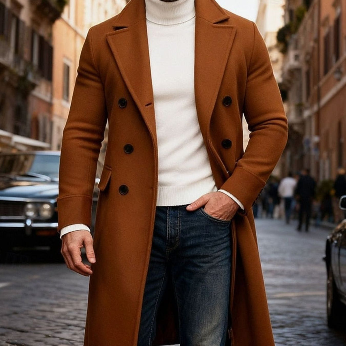 Men's Tailored-Fit Double-Breasted Long Wool Overcoat