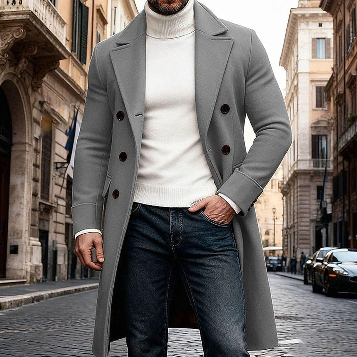 Men's Tailored-Fit Double-Breasted Long Wool Overcoat