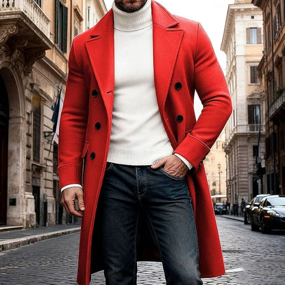 Men's Tailored-Fit Double-Breasted Long Wool Overcoat