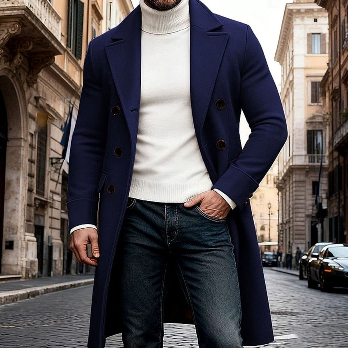 Men's Tailored-Fit Double-Breasted Long Wool Overcoat