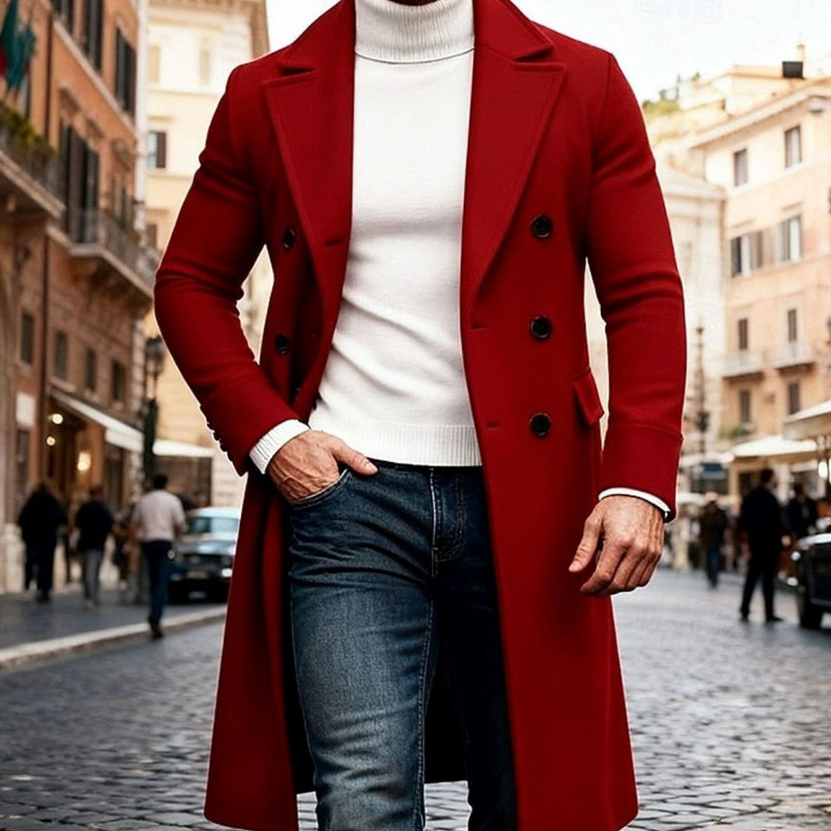 Men's Tailored-Fit Double-Breasted Long Wool Overcoat