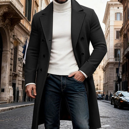 Men's Tailored-Fit Double-Breasted Long Wool Overcoat