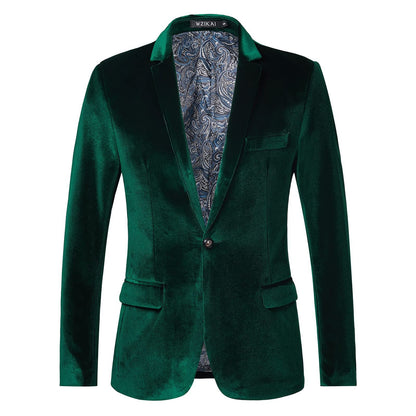 Men's Tailored Velvet Tuxedo Jacket with Satin Lapels and Single-Button Closure