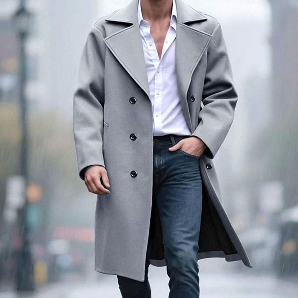 Men's Wool Double-Breasted Tailored Long Overcoat