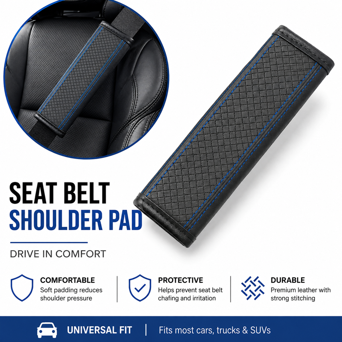 Padded Anti-Slip Quilted Seat Belt Shoulder Cushion with Reinforced Stitching