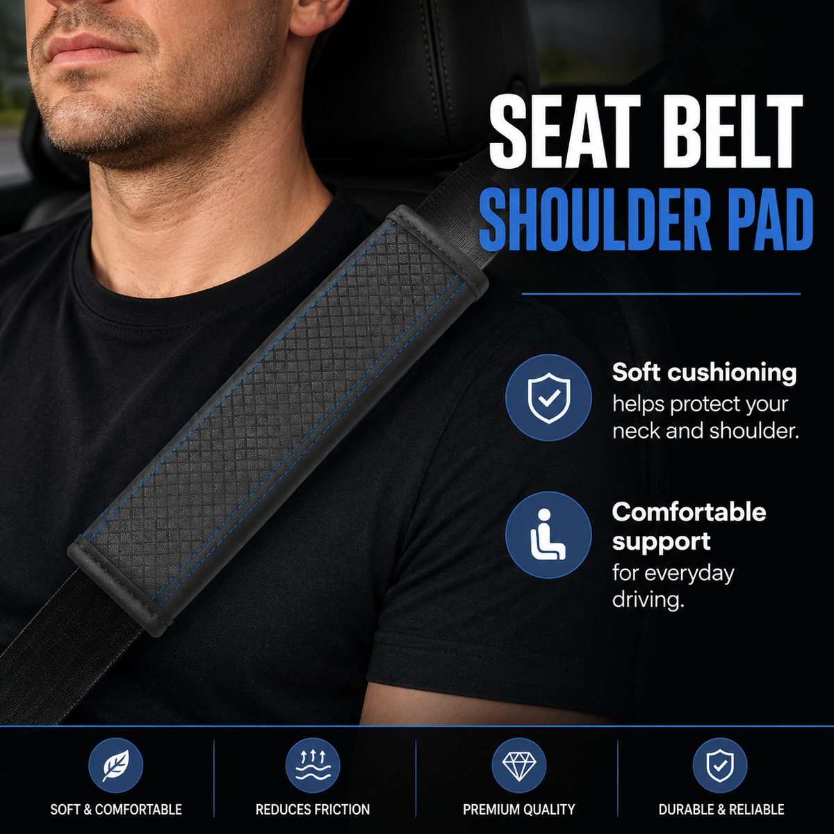 Padded Anti-Slip Quilted Seat Belt Shoulder Cushion with Reinforced Stitching