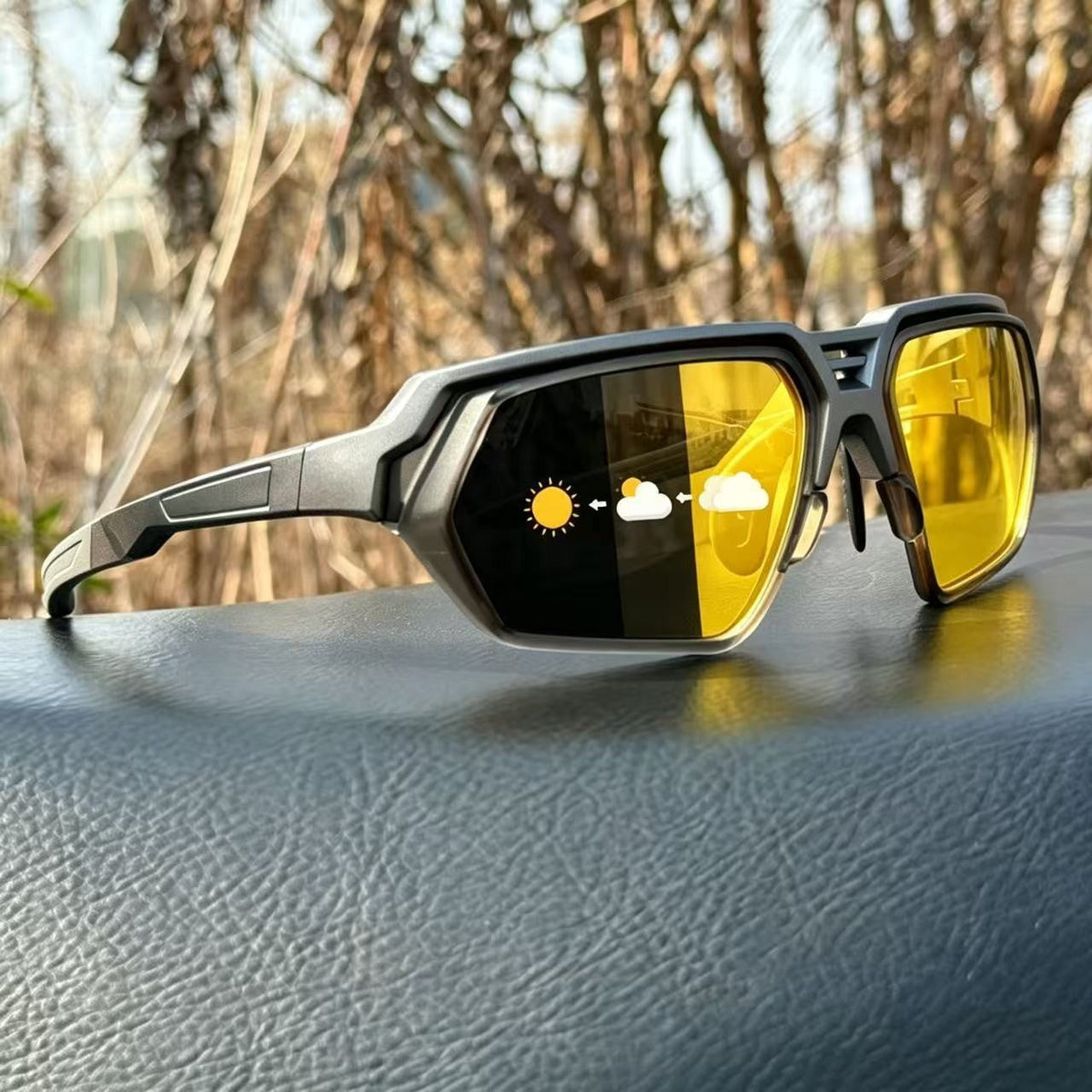 Photochromic Polarized Sports Sunglasses with Night-Enhancing Lenses and Tactical Wrap Frame