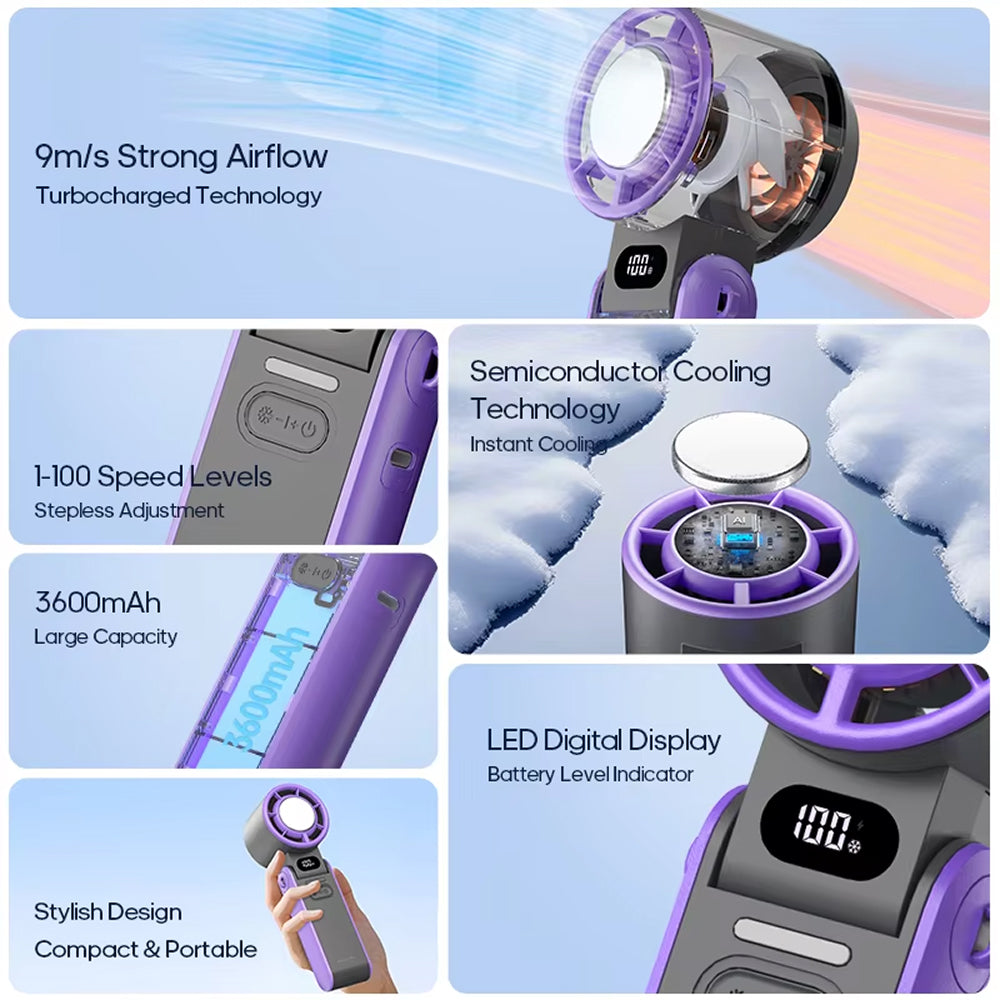 Portable Handheld Cooler Fan with 100 Speeds & Turbo Airflow