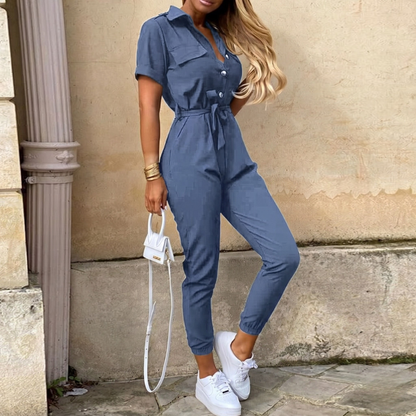 Reese | Lightweight Structured Fit Short Sleeve Jumpsuit With Button Closure - Image 1