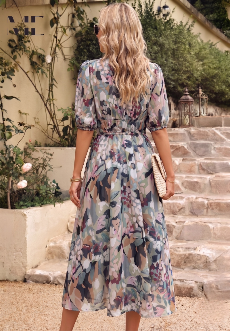 Roxanne | Elegant Floral Midi Dress with Puff Sleeves - Image 2