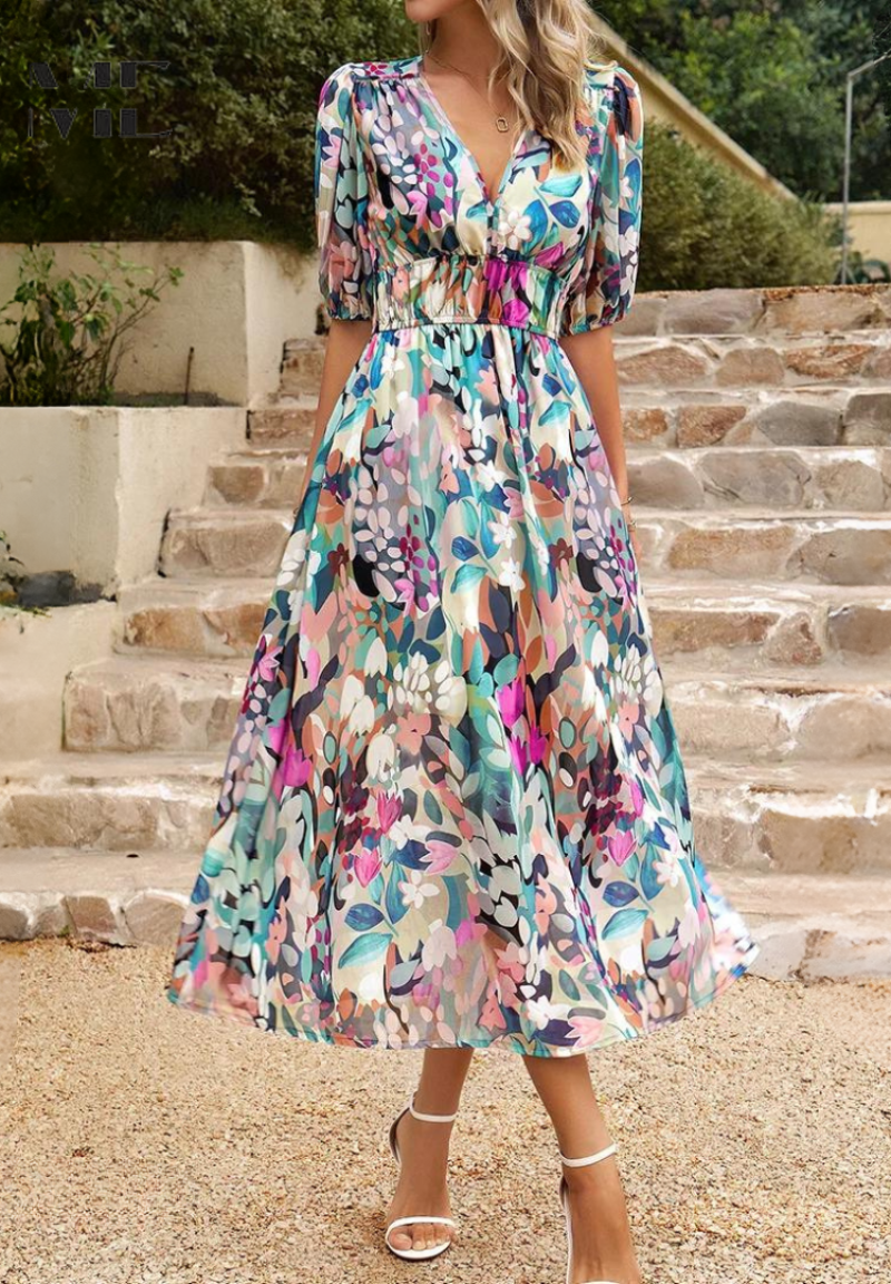 Image of Theresa | Women's V-Neck A-Line Midi Dress