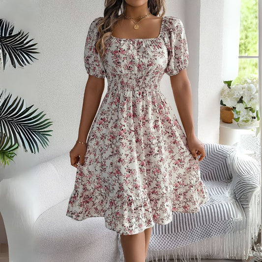 Vestea | Elegant Floral Midi Dress with Puff Sleeves - Image 1
