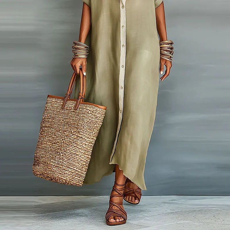 Women's Button-Down Linen Maxi Shirt Dress
