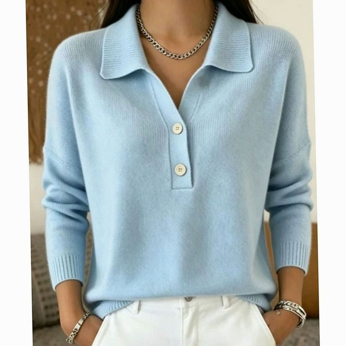 Women's Collared Button-Placket Knit Pullover Sweater